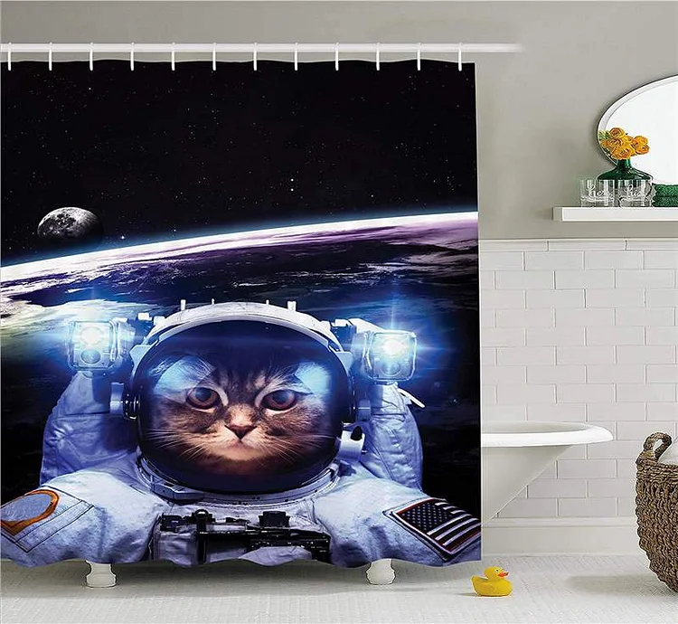 Funny Astronaut Cat Above Earth in Outer Space Explorer Kitty Mission Humor Fabric Bathroom Decor Blue White