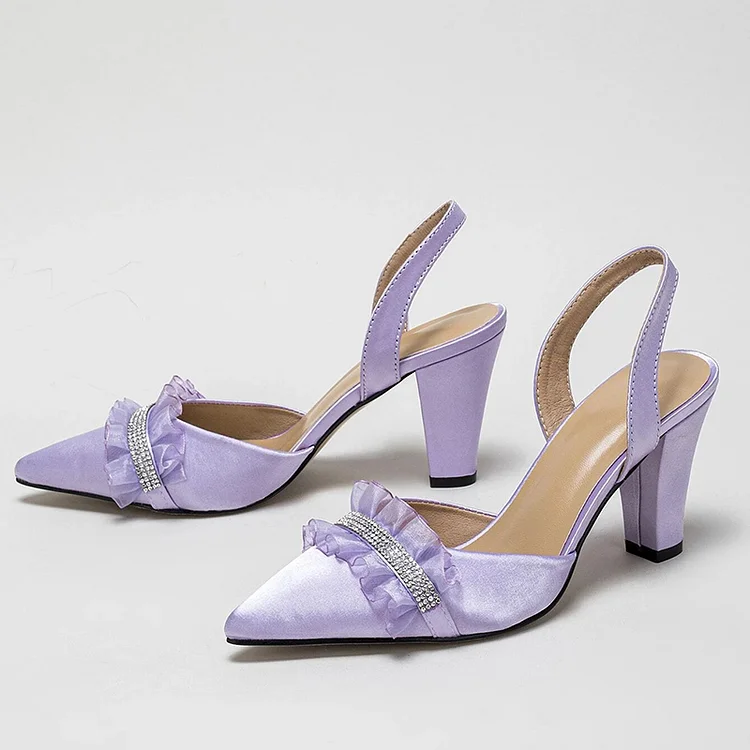 Lilac Satin Ruffled Pointed Toe Chunky Heel Slingback Pumps for Women |FSJ Shoes