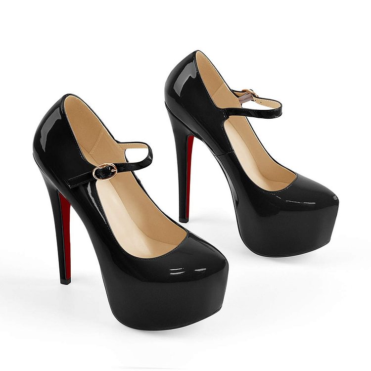 160mm Women's Platform Round Toe High Heel Closed Buckled Strap Platform Pumps Black