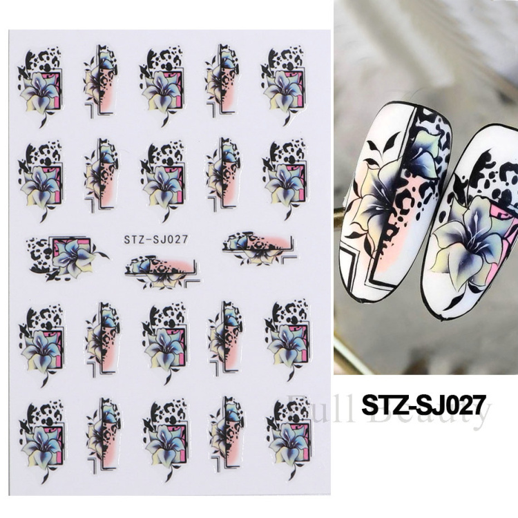 Bayoumowers Pink Marble 3D Nail Stickers Ink Blooming Geometry Lines Adhesive Sliders Watercolor Flower Leaves Nail Art Decals LASTZ-SJ031
