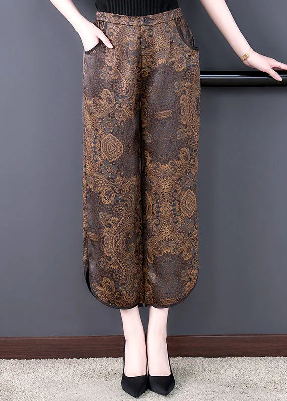 Fashion Coffee Elastic Waist Pockets Side Open Print Silk Crop Pants Summer