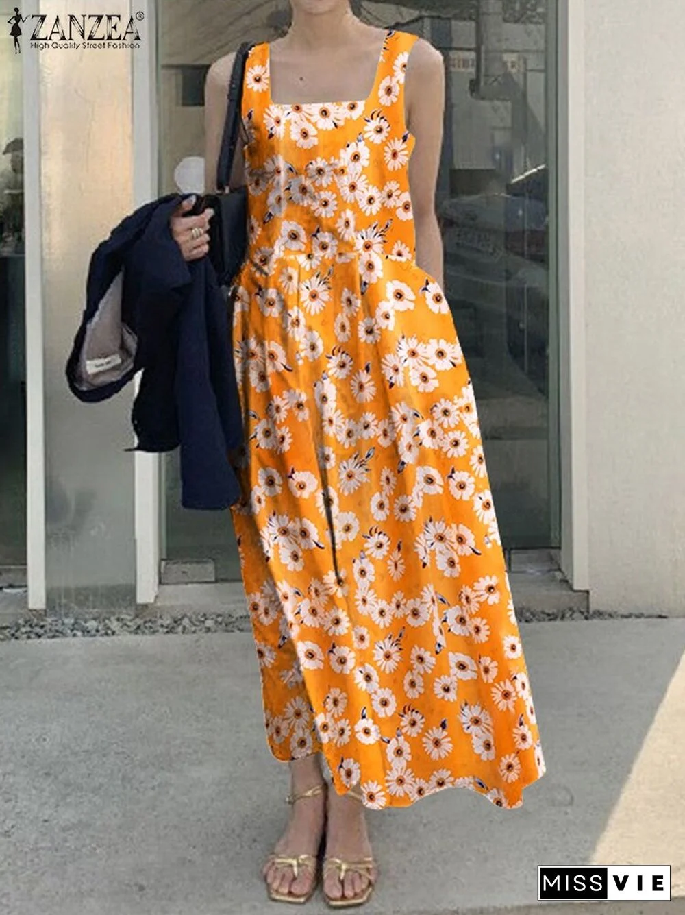 Flower Print Ruched Square Collar Sleeveless Midi Dress