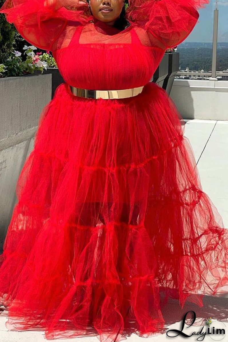 Plus Size Solid Sheer Ruffle Sleeve Maxi Dresses