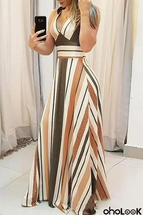 Colorful Stripe V Neck Maxi Dress