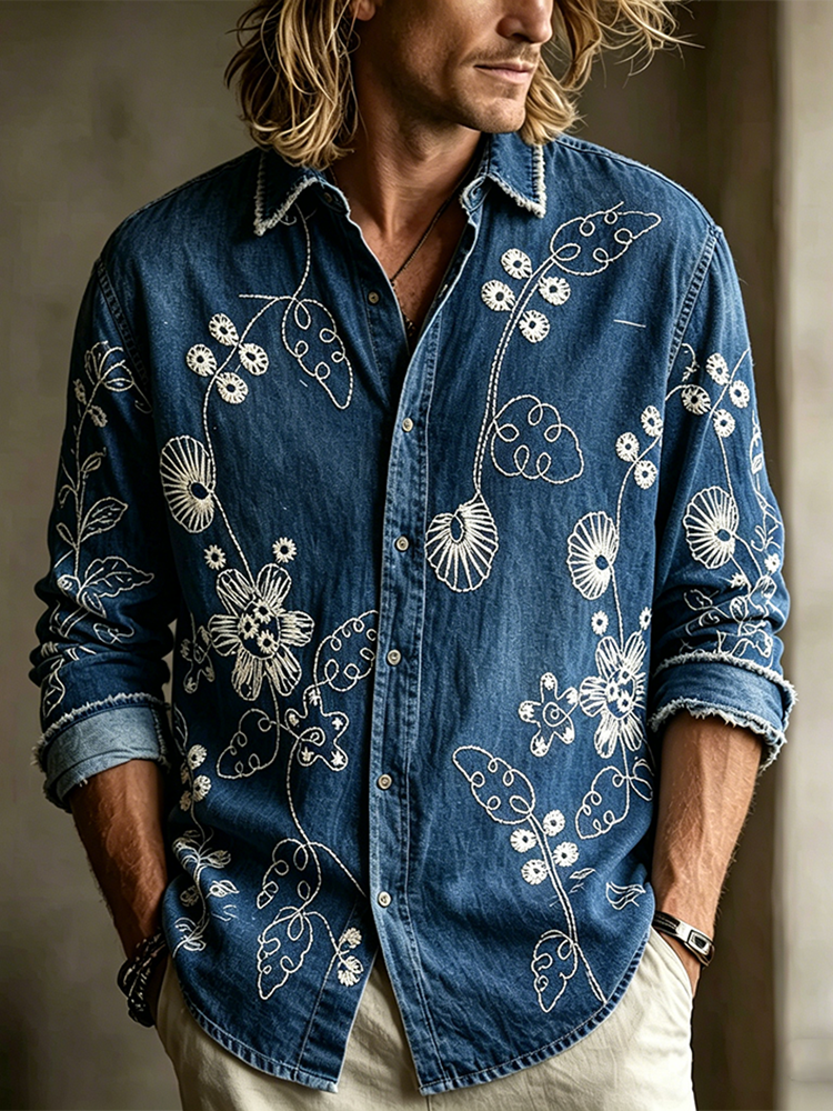 Comstylish Men's Retro Plant Flower Embroidery Pattern Design Casual Linen Shirt