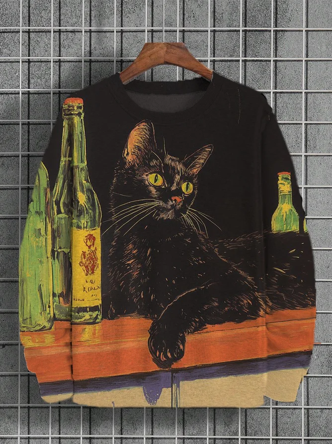 Men's Drunk Black Cat Art Print Casual Sweatshirt