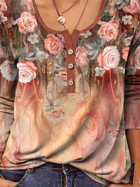 Women's Long Sleeve U-Neck Floral Printed Top
