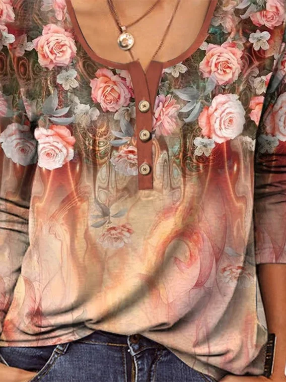Women's Long Sleeve U-Neck Floral Printed Top