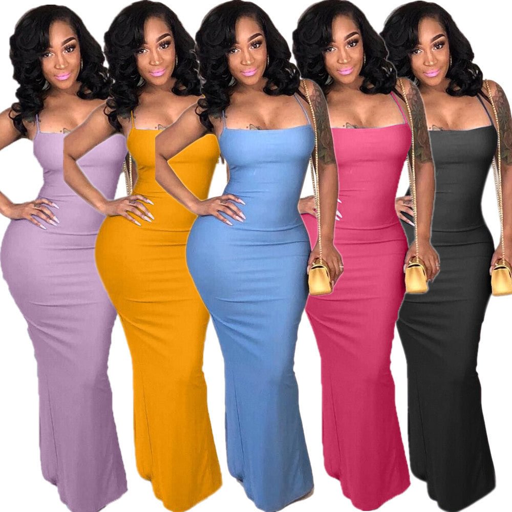 Women's Sexy Nightclub Back Hollow-out Split Lace-up Solid Color Long Dress