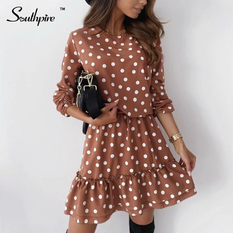 Back To College Southpire Women's Brown Polka Dot Casual Dress O-Neck Summer Mini Dress Elastic Wasit A-line Day Party Dress Female