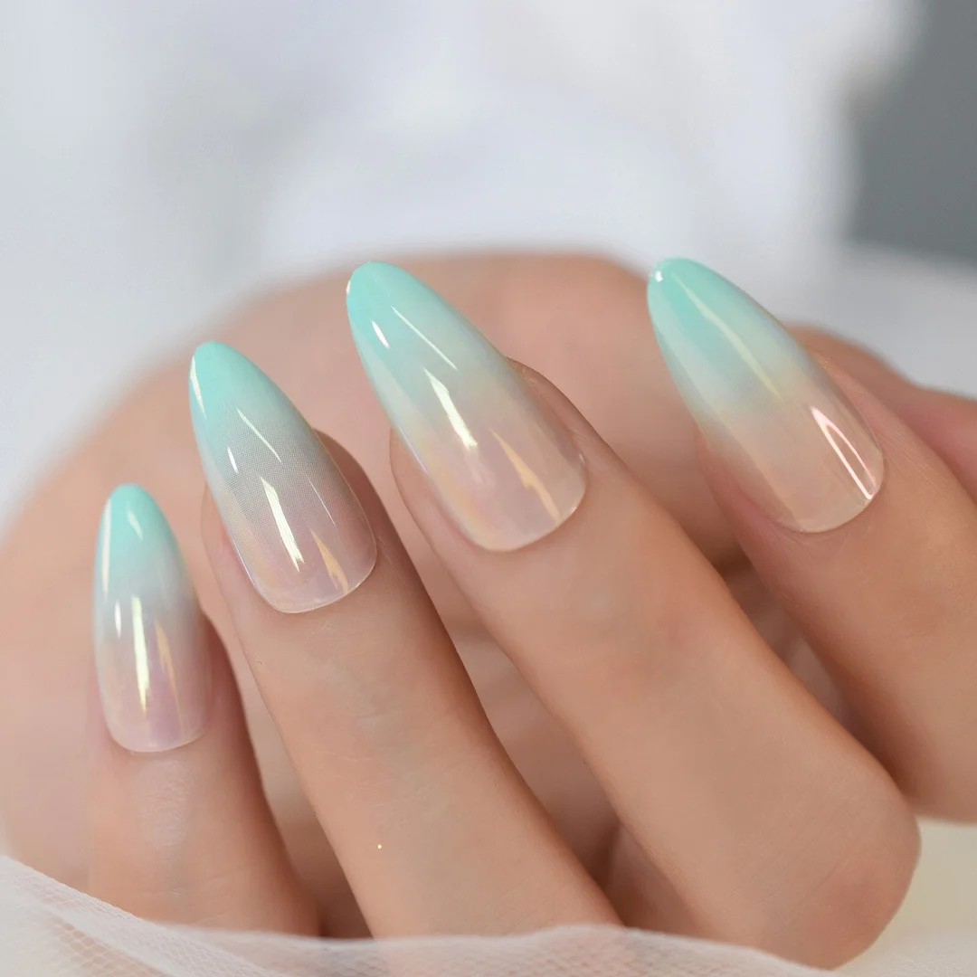 Ombre Green Fake Nails Metallic Shiny Style Clear Moo Almond Gradient Press On Fingernails Long Manicure Tips 24pcs-Nail Inspo