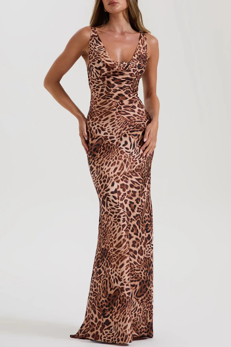 Leopard Print Cowl Neck Backless Fitted Slip Maxi Dresses-Brown [Pre Order]