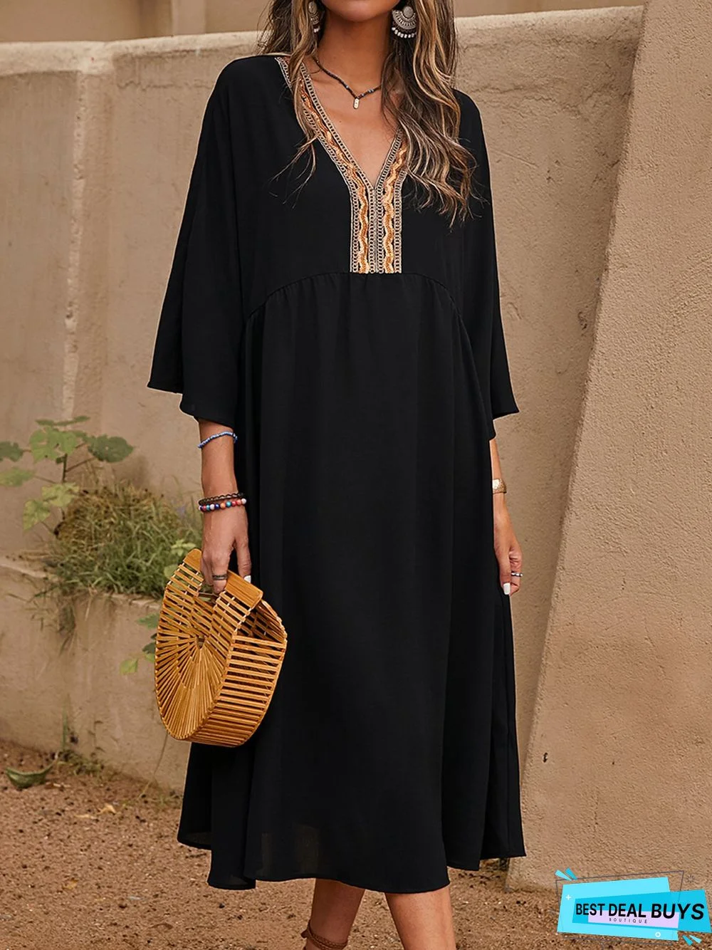 Appliqued Casual A-Line 3/4 Sleeve Weaving Dress