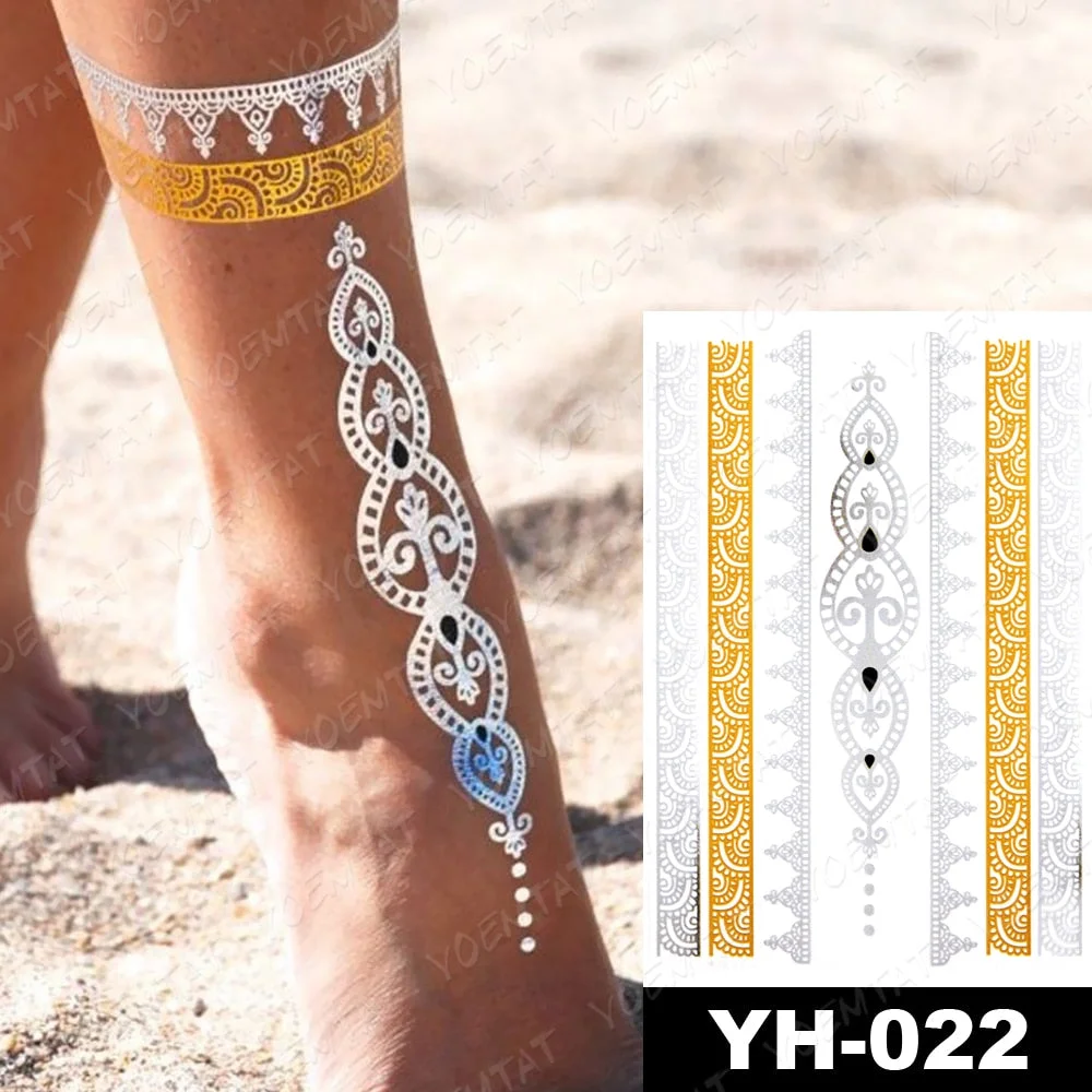 Waterproof Temporary Tattoo Sticker Gold Silver Henna Indian Hand Painted Glitter Tattoos Women Mandala Flower Feather Body Art