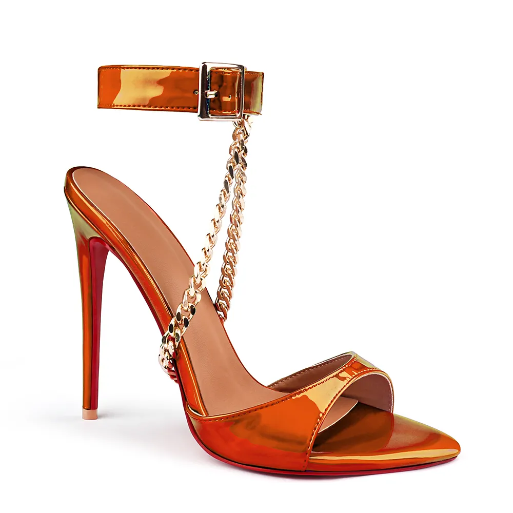120mm/100mm/80mm Women's Sandals Removable Chain Ankle Strap Pointed Toe Colorful Mules Red Bottom Heels-vocosishoes
