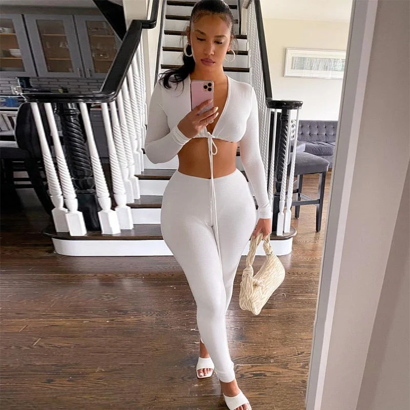 Hugcitar 2021 Summer Solid Long Sleeves Bandage V Neck Crop Top Leggings 2 Pieces Set Bodycon Sexy Party Club Y2K
