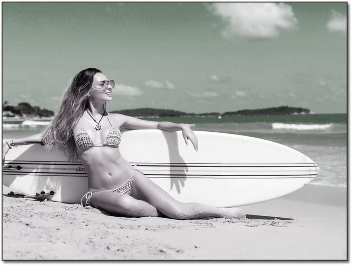 Bikini Girl Wall Decor Art Poster Leaning on Surfboard on The Beach Canvas Painting Wall Art Poster Bedroom Living Room Decor Canvas Painting Posters And Prints Wall Art Pictures for Living Room Bedro 20x26inch(51x66cm)