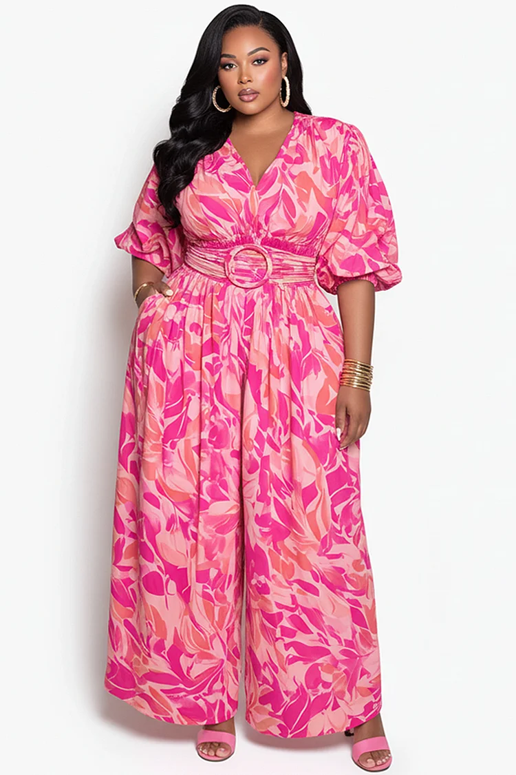 Xpluswear Design Plus Size Vacation Pink All Over Print V Neck Short Sleeve Pocket Wide Leg Jumpsuits 2024 - Xpluswear
