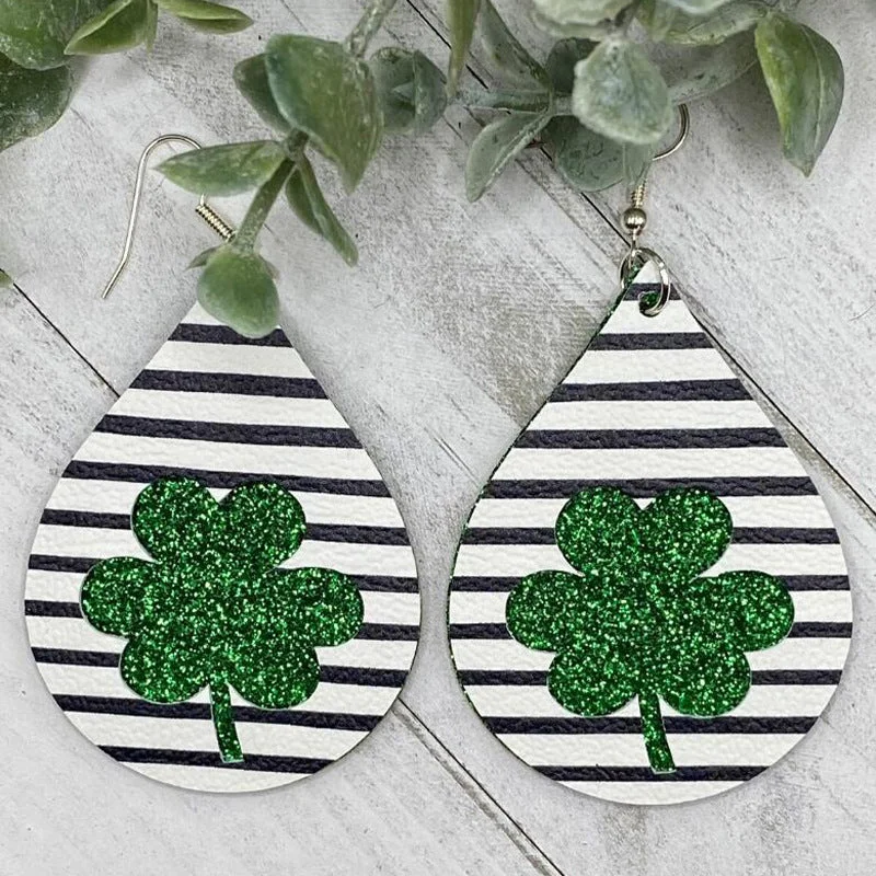 Stripe St. Patrick's Day Lucky Shamrock Glitter Plaid Earrings
