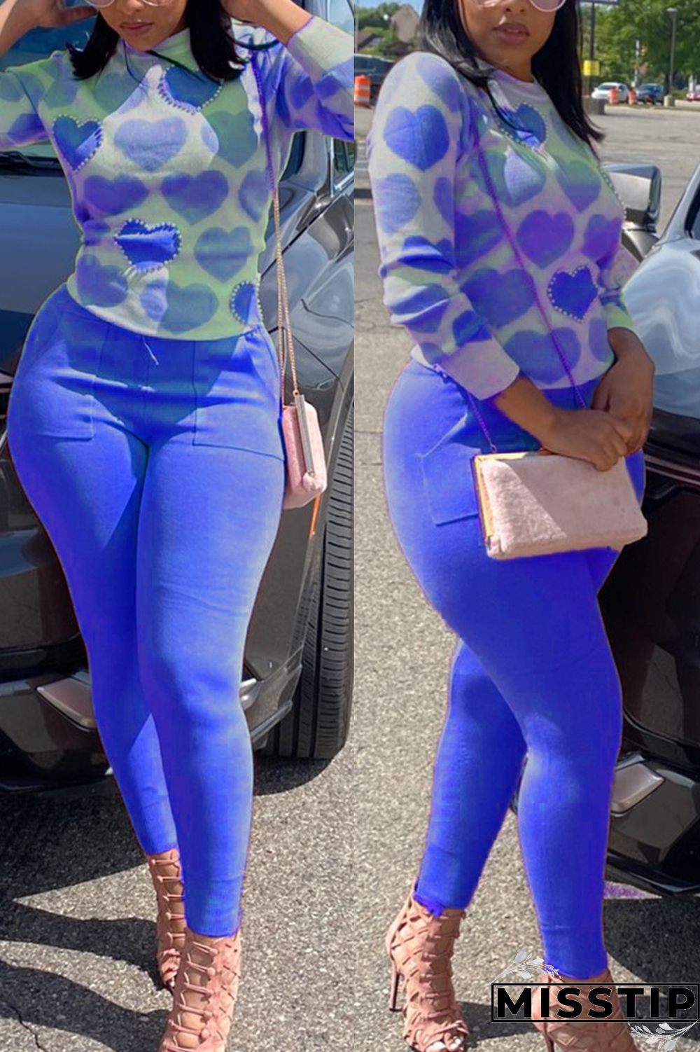 Blue Sweet Print Beading O Neck Long Sleeve Regular Sleeve Regular Two Pieces