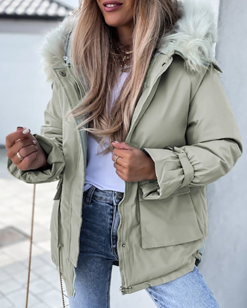Faux Fur Patch Pocket Zipper Design Hooded Parker Coat | EGEMISS