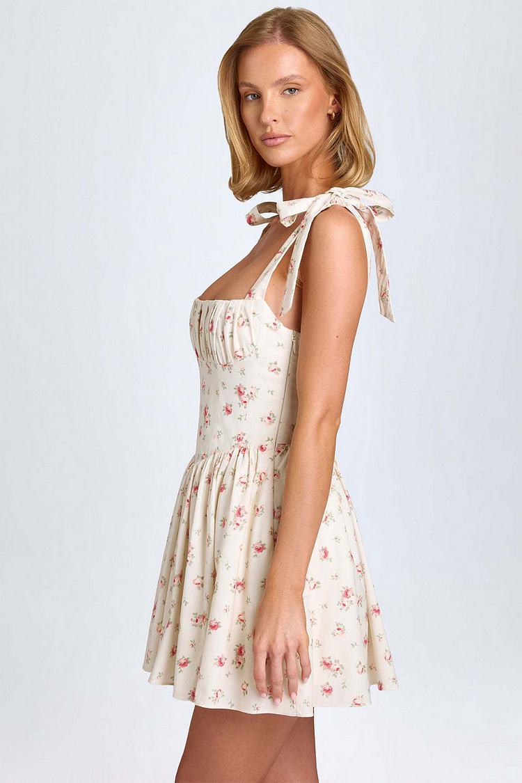 Ditsy Floral Print Cinch Waist Tie Up Shoulder Straps Mini Dresses-OffWhite