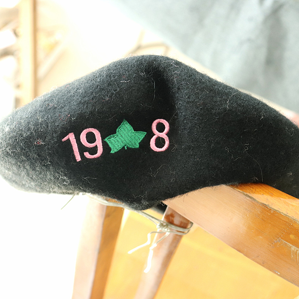Spring Winter Autumn Wear Black Solid Color Embroidery 1908 Number Soror Greek Life Ladies Club Sorority Member Beret Beanie Hat