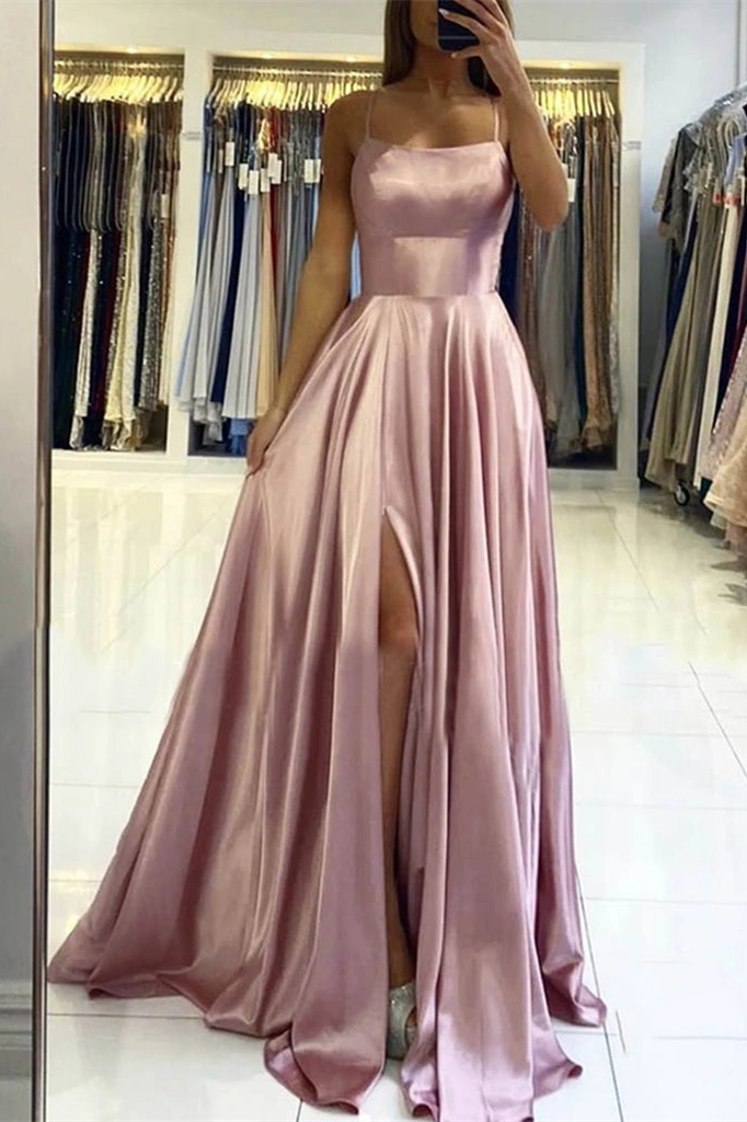 Dresseswow Spaghetti-Straps Pink Long Prom Dress With Slit