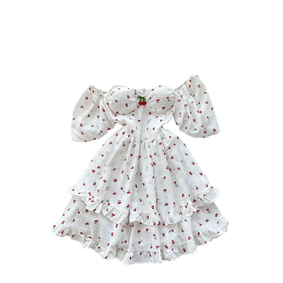 Churchf Churchf Spring And Summer Sweet Shoulder Slings Bubble Short Sleeve Cherry Print Waist Dress Women's Wooden Ear Short Skirt