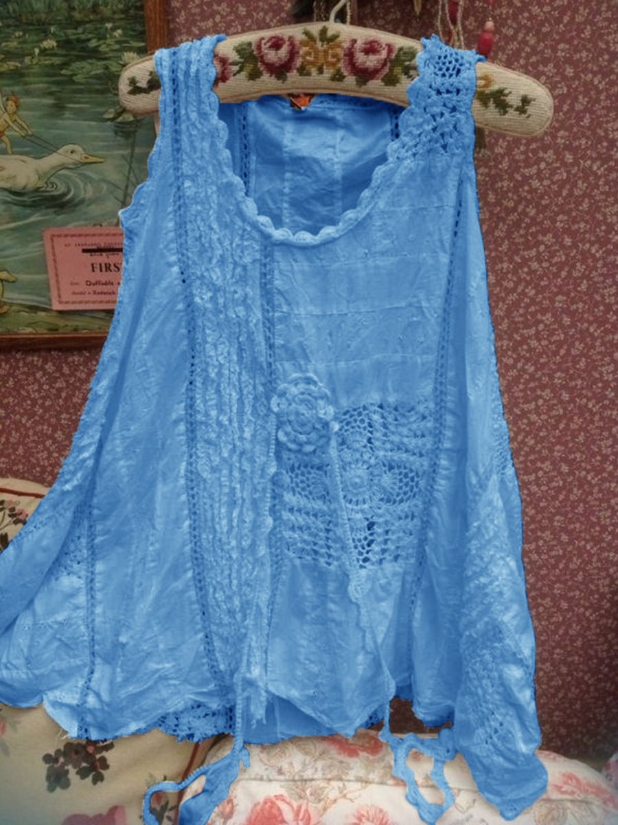 Casual Lace Crew Neck Sleeveless Linen Top