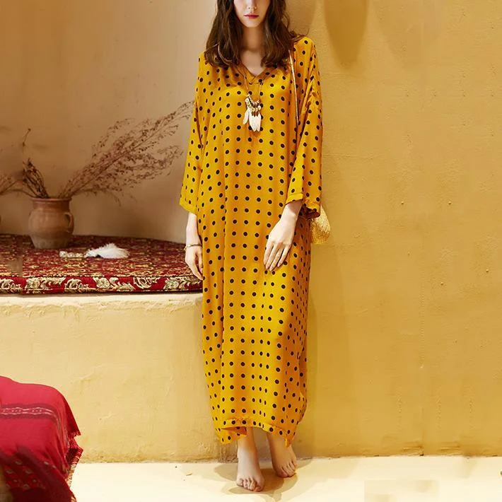 DIY v neck Batwing Sleeve summer clothes oragne dotted Plus Size Dress