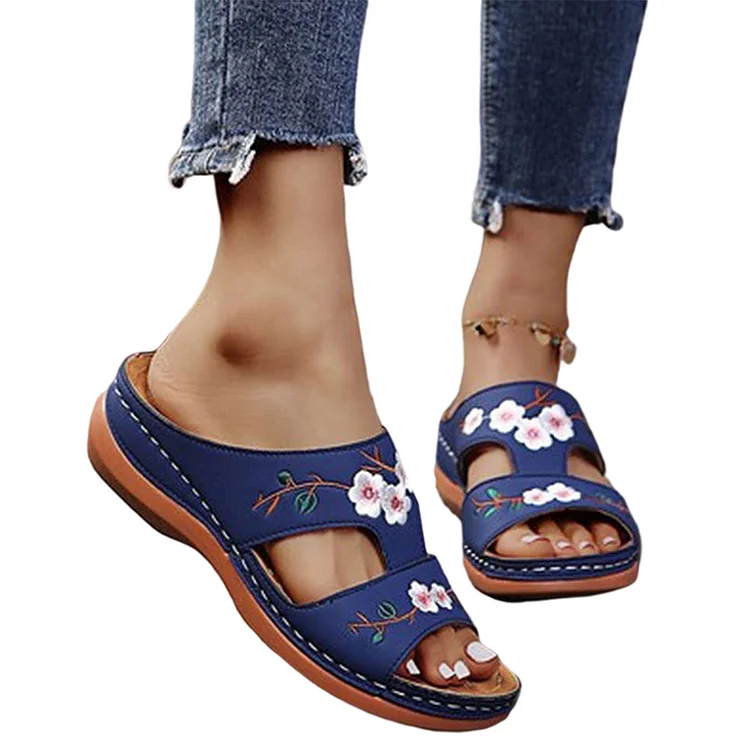Women One-Line Slippers Wedge Heel Platform Sandals with Embroidered Flower-Annaletters
