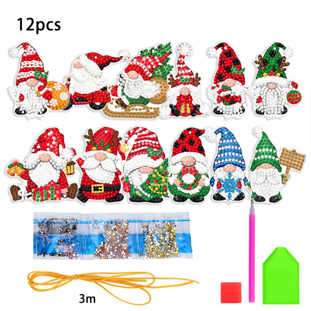 12Pcs DIY Acrylic Christmas Hanging Diamond Painting Art Kits for Christmas Tree