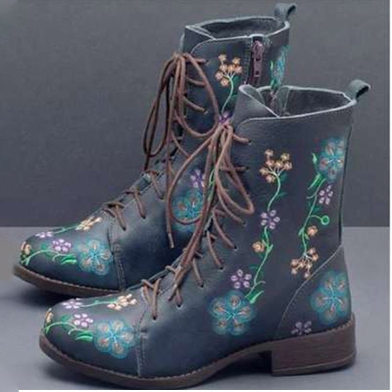 Fashion Women Pu Leather Ankle Boots 2020 Winter Women Embroidery Flower Boots Outdoor Non-slip Ladies Walking Shoes Botas Mujer 116