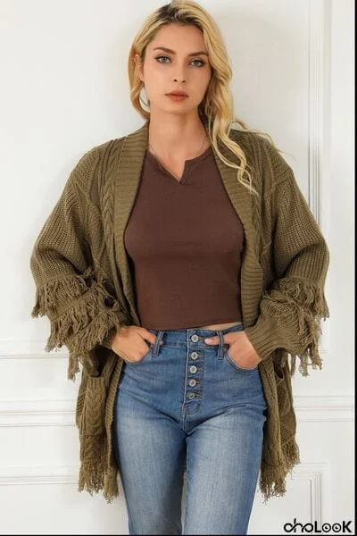 Cable-Knit Fringe Pocketed Cardigan