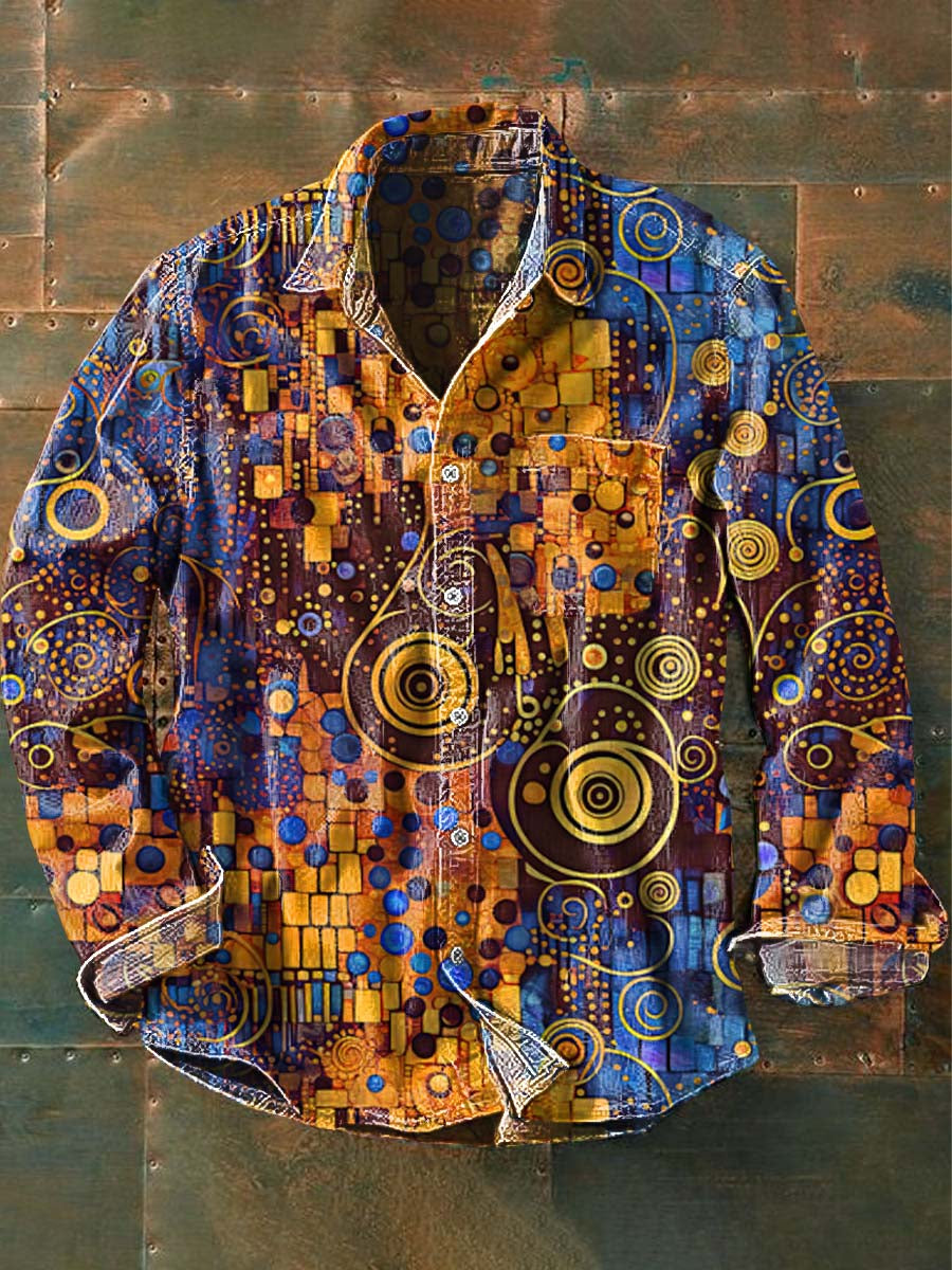 Men's Retro Abstract Print Casual Lapel Long Sleeve Shirt
