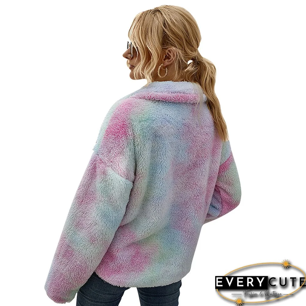 Light Pink Tie Dye Print Zip Neck Plush Sweatshirt