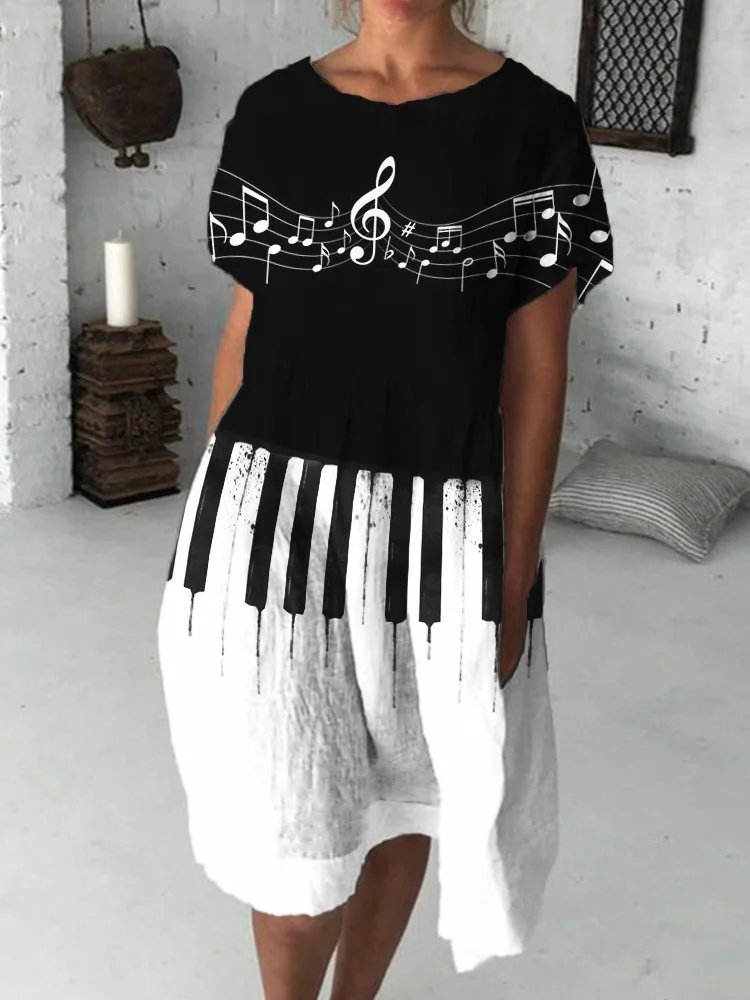 Music Notes & Piano Keys Contrast Midi Dress