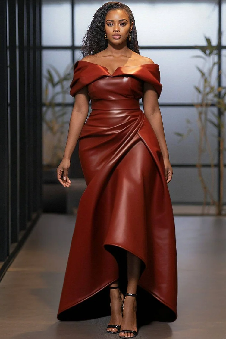 Xpluswear Design Plus Size Cocktail Party Burgundy Off The Shoulder Fold Vintage Asymmetric Hem PU Leather Maxi Dresses [Pre-Order] 2024 - Xpluswear