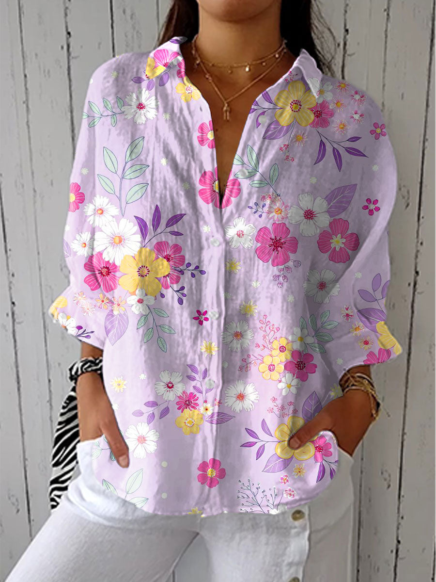 Women's Bright Flower Art Print Casual Linen V-neck Shirt