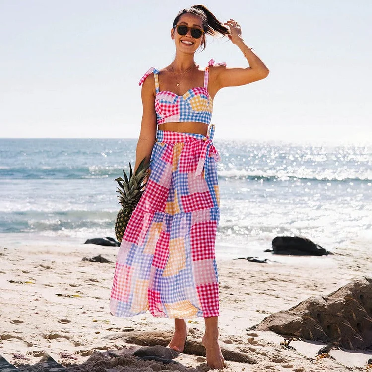 Flaxmaker Plaid Printed Bikini Swimsuit and Skirt