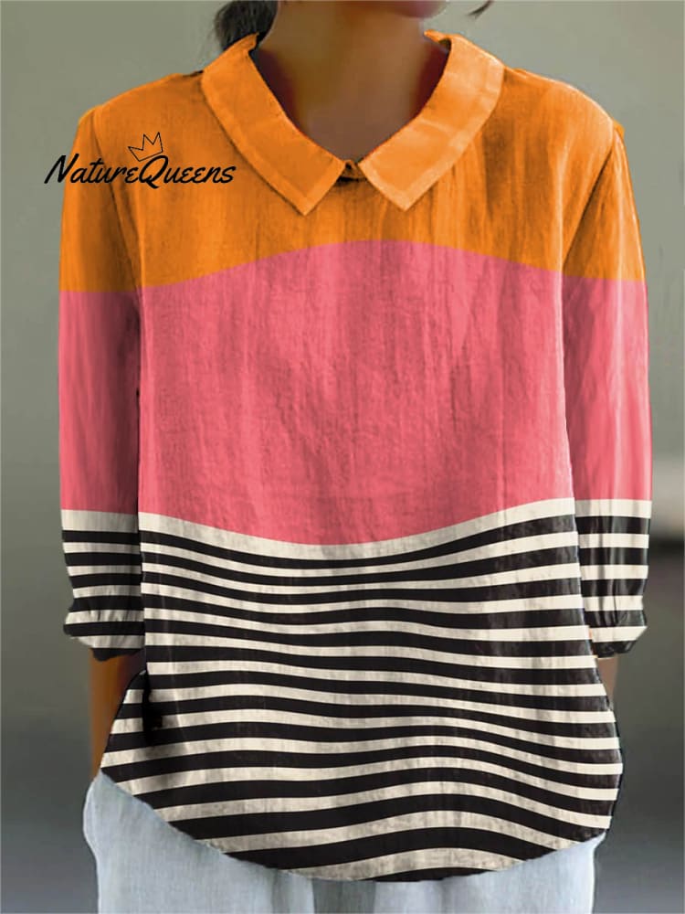 Women's Abstract Line Pattern Art Print Casual Cotton And Linen 3/4 Sleeve Shirt