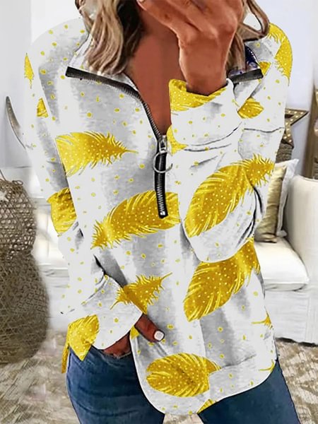 Women's Fashion Loose Casual long sleeve Floral print V neck zipper Feather print autumn tops blouses pullover Plus Size - Shop Trendy Women's Fashion | TeeYours
