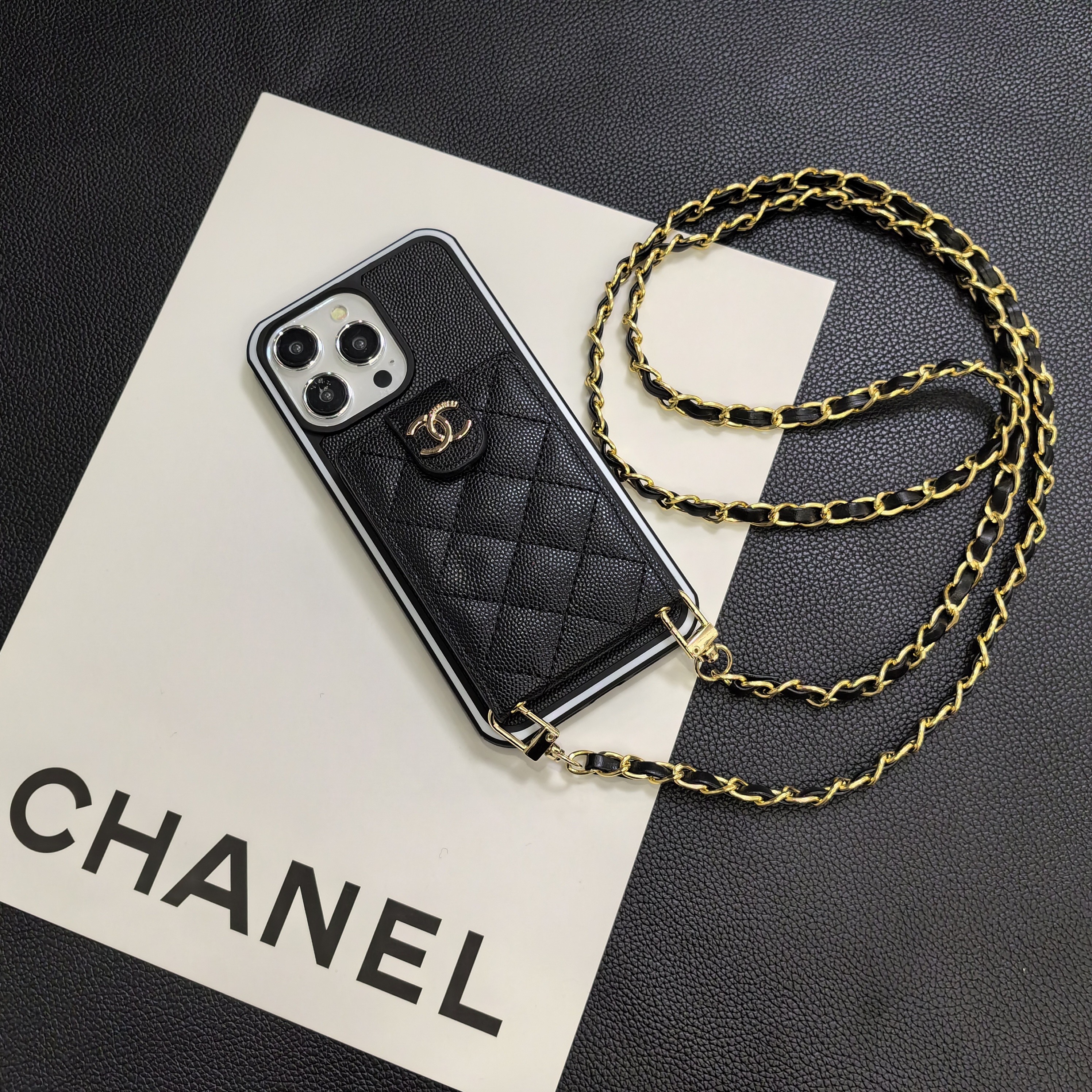 Luxurious Lambskin Chanel Button Card Holder iPhone Case Crossbody