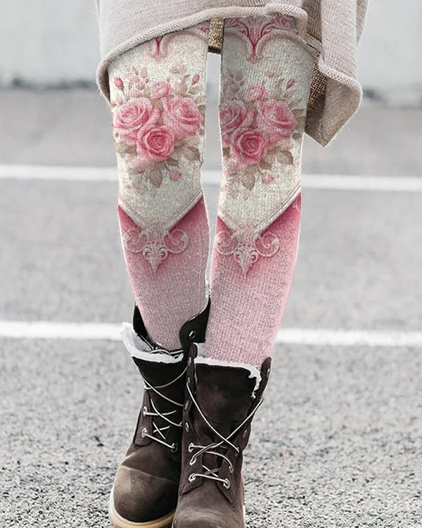 Vintage Valentine's Day Floral Heart Print Leggings