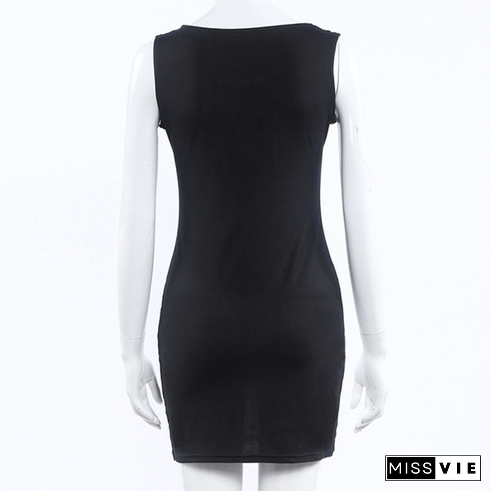 V-Neck Summer Womens O-Neck Sleeveless Black and White Patchwork Party Mini Dress Bodycon