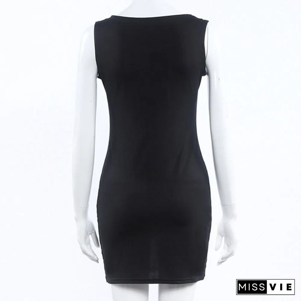 V-Neck Summer Womens O-Neck Sleeveless Black and White Patchwork Party Mini Dress Bodycon