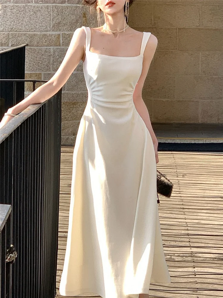 Elegant White Square Collar Wrinkle Waist Sleeveless Midi Dress