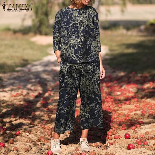 Zanzea Fashion Cotton Women Sets Suits Printed 3/4 Sleeve Tops Elastic Waist Pants Streetwear 2Pcs - Shop Trendy Women's Fashion | TeeYours