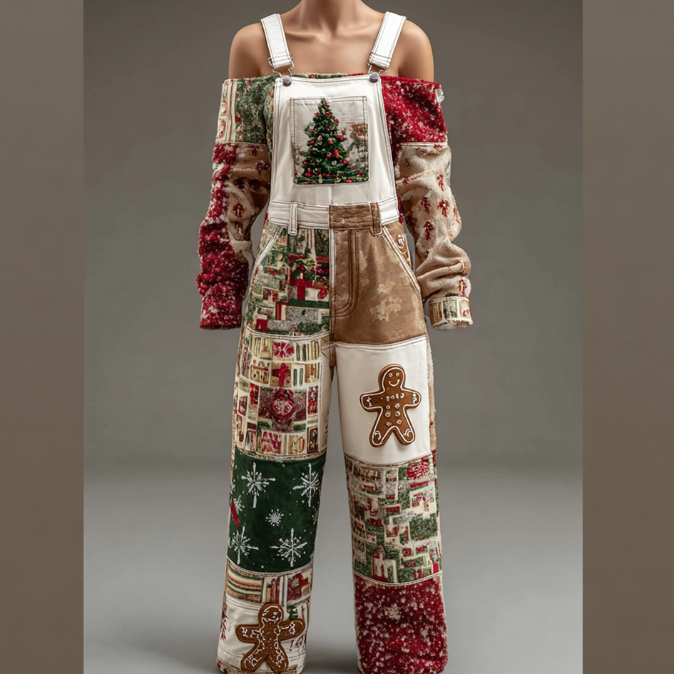 Retro Christmas Elements Patch Printed Women's Overalls elevenforest